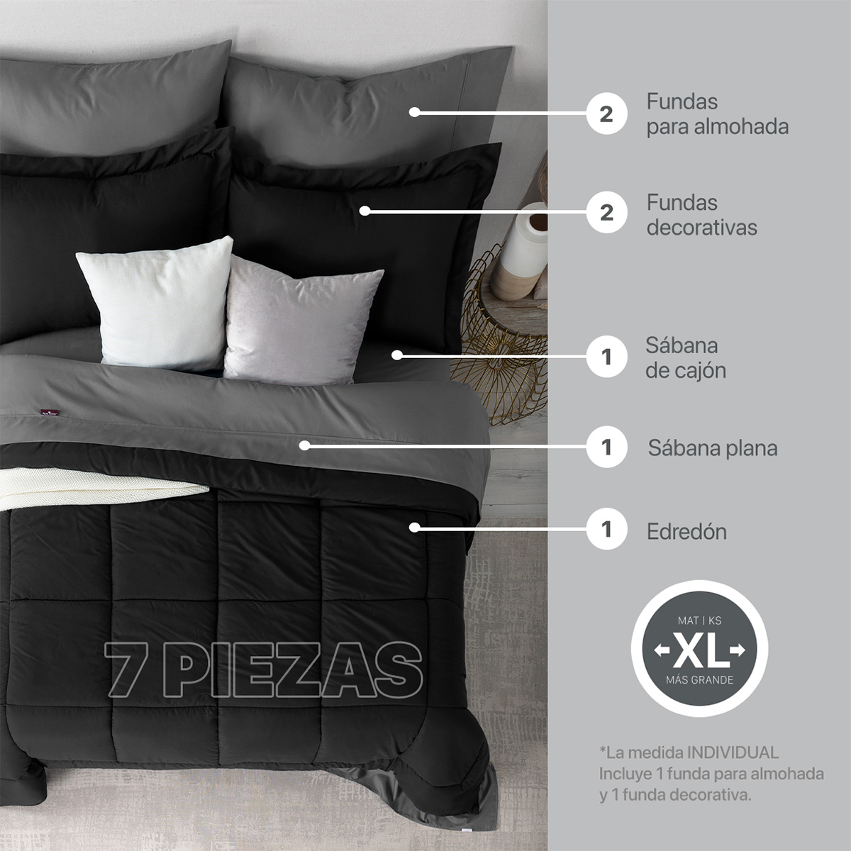 Foto 4 pulgar | Set de Edredón con Fundas y Sábanas 7 Pzas Real Textil Negro y Gris King Size XL