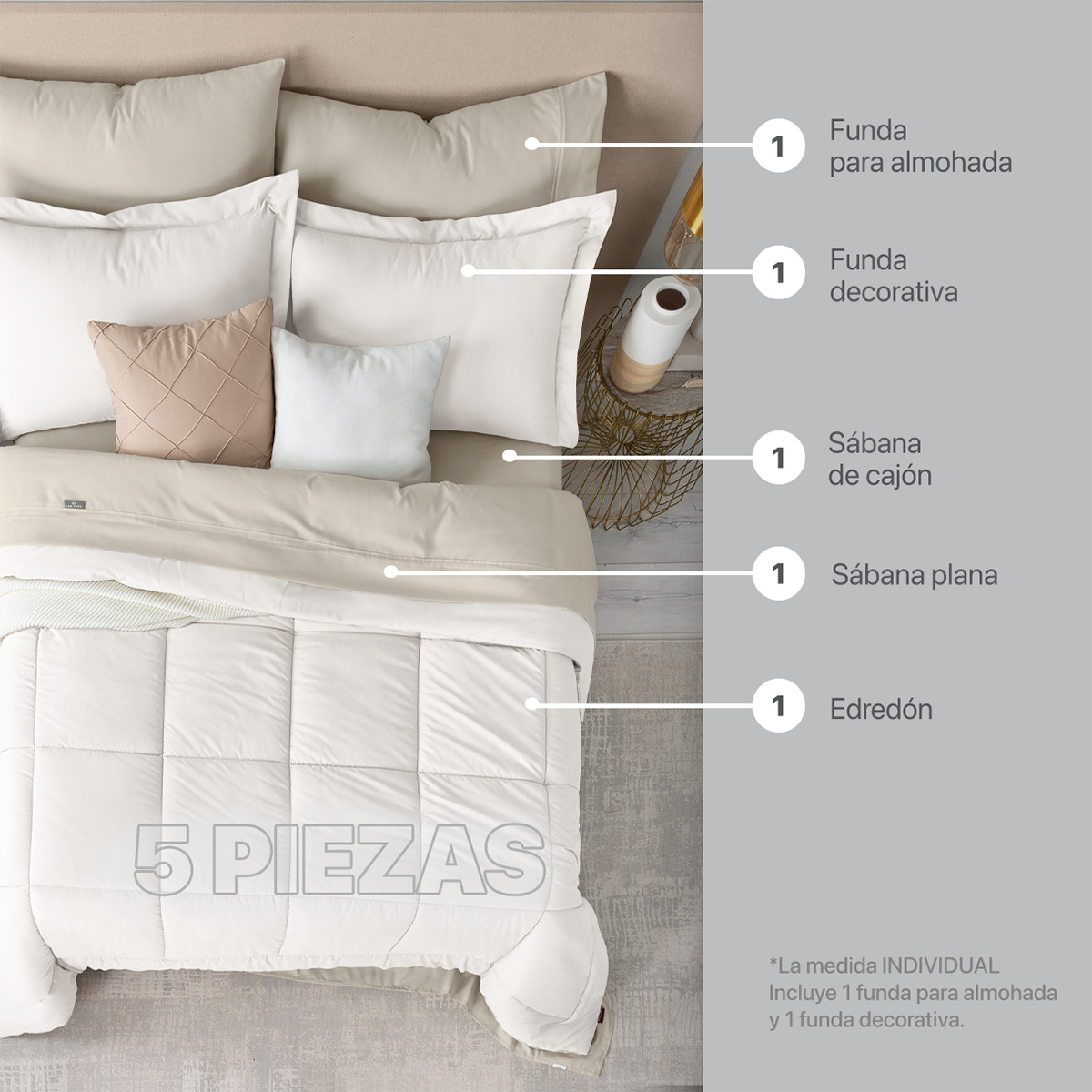 Foto 3 | Set de Edredón con Fundas y Sábanas Real Textil Blanco - Beige Individual 5 Piezas