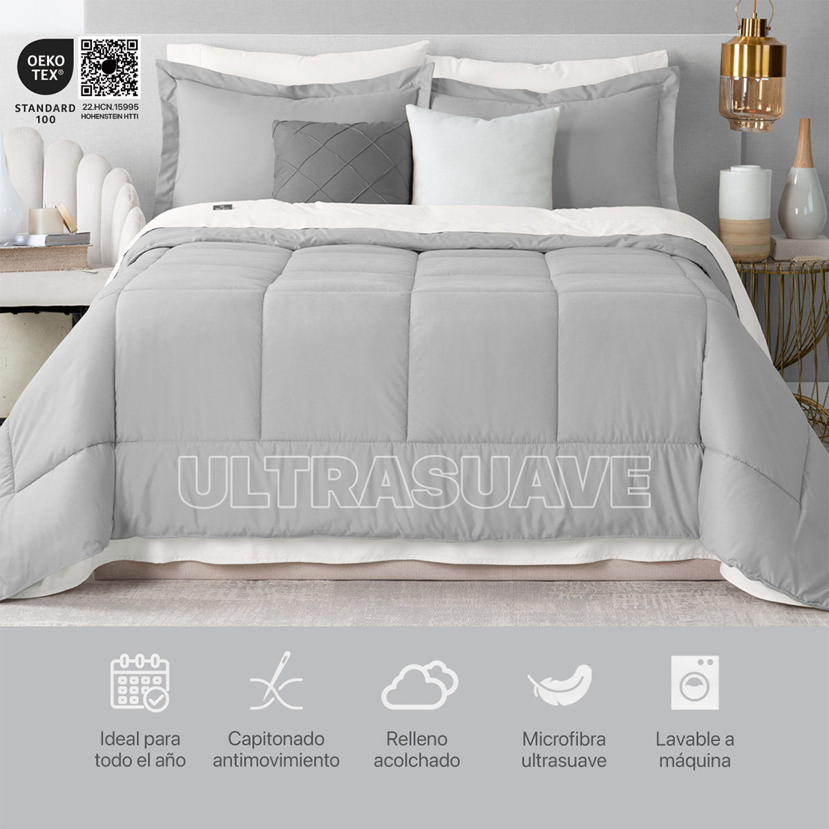 Foto 6 | Set de Edredón Con Fundas y Sábanas 7 Pzas Real Textil Gris y Blanco Matrimonial