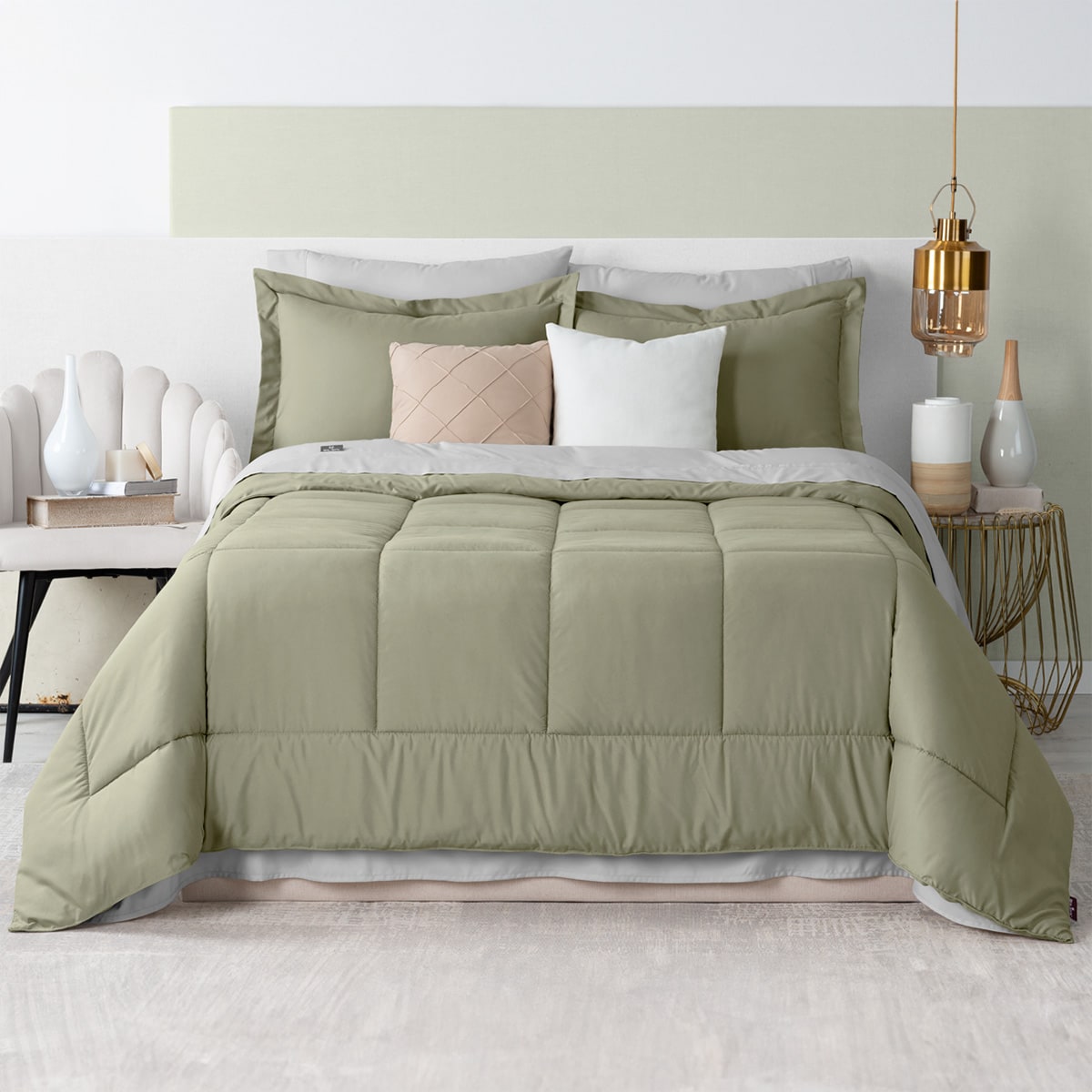 Set De Edredón Con Fundas Y Sábanas 7 Pzas Real Textil  Verde - Gris King Size $1,729