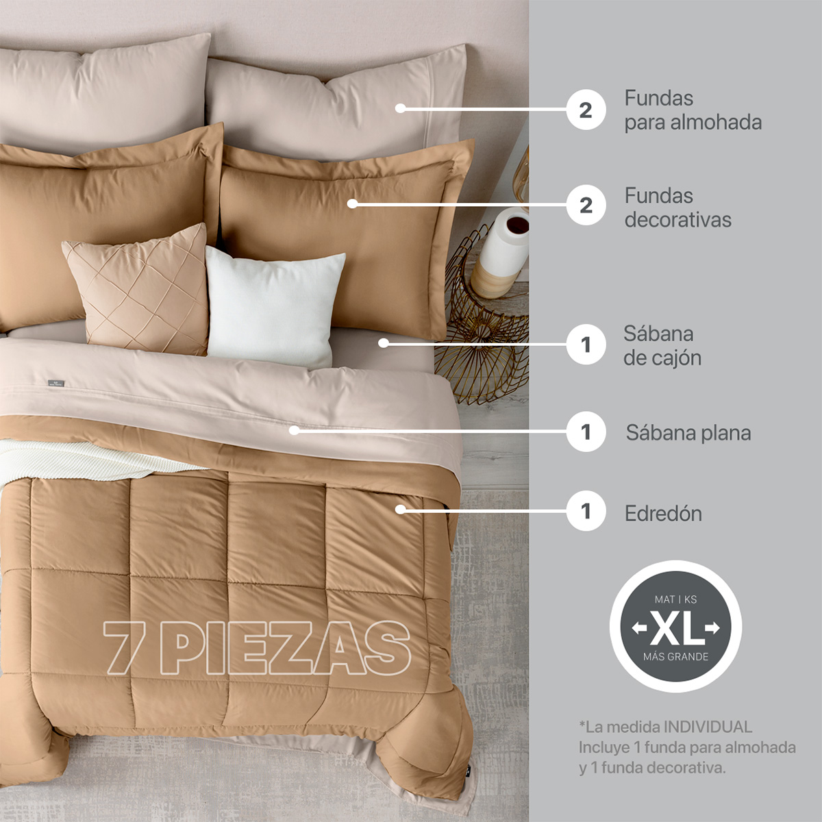 Foto 3 | Set De Edredón Con Fundas Y Sábanas 7 Pzas Real Textil  Terracota - Khaki King Size