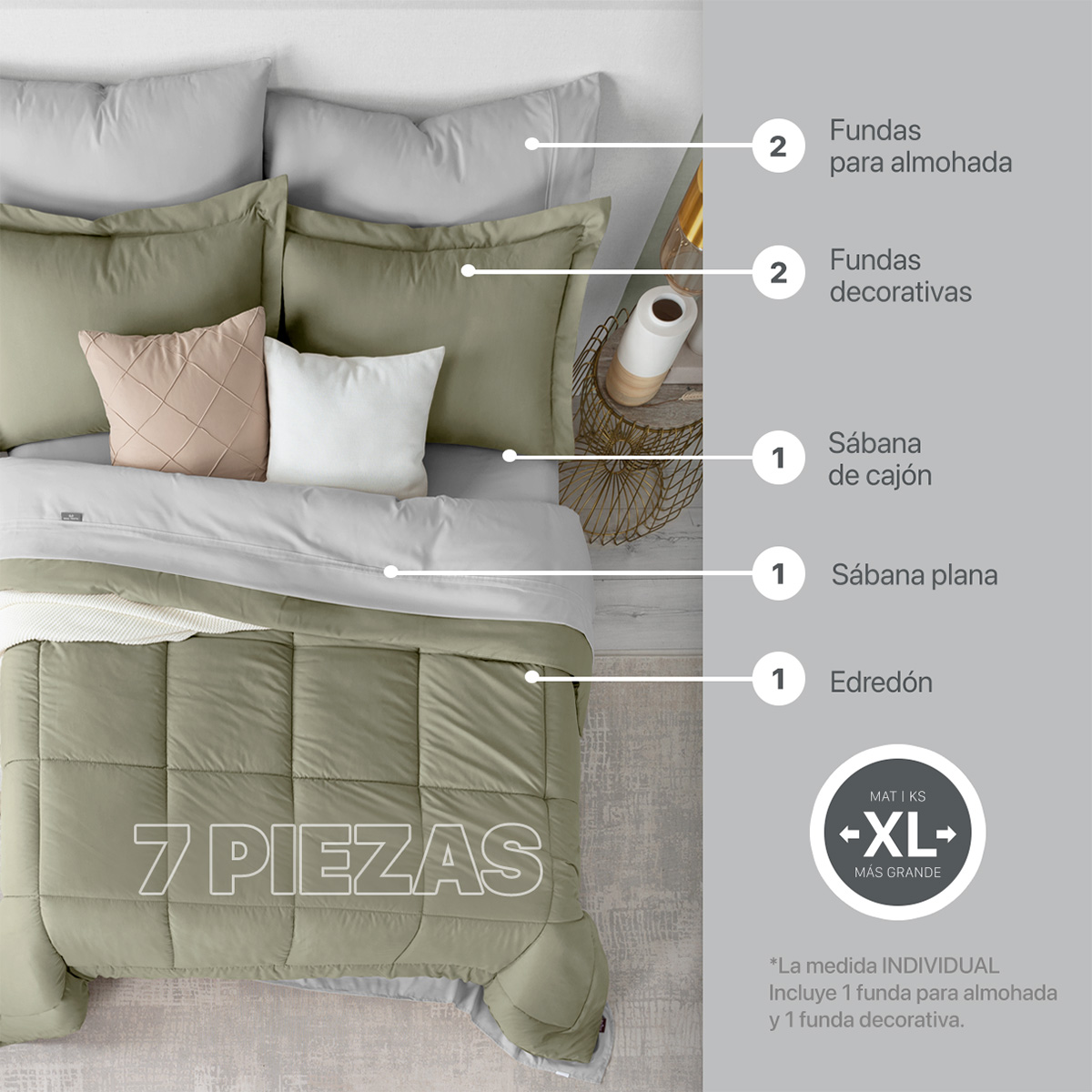 Foto 3 | Set De Edredón Con Fundas Y Sábanas 7 Pzas Real Textil  Verde - Gris Matrimonial