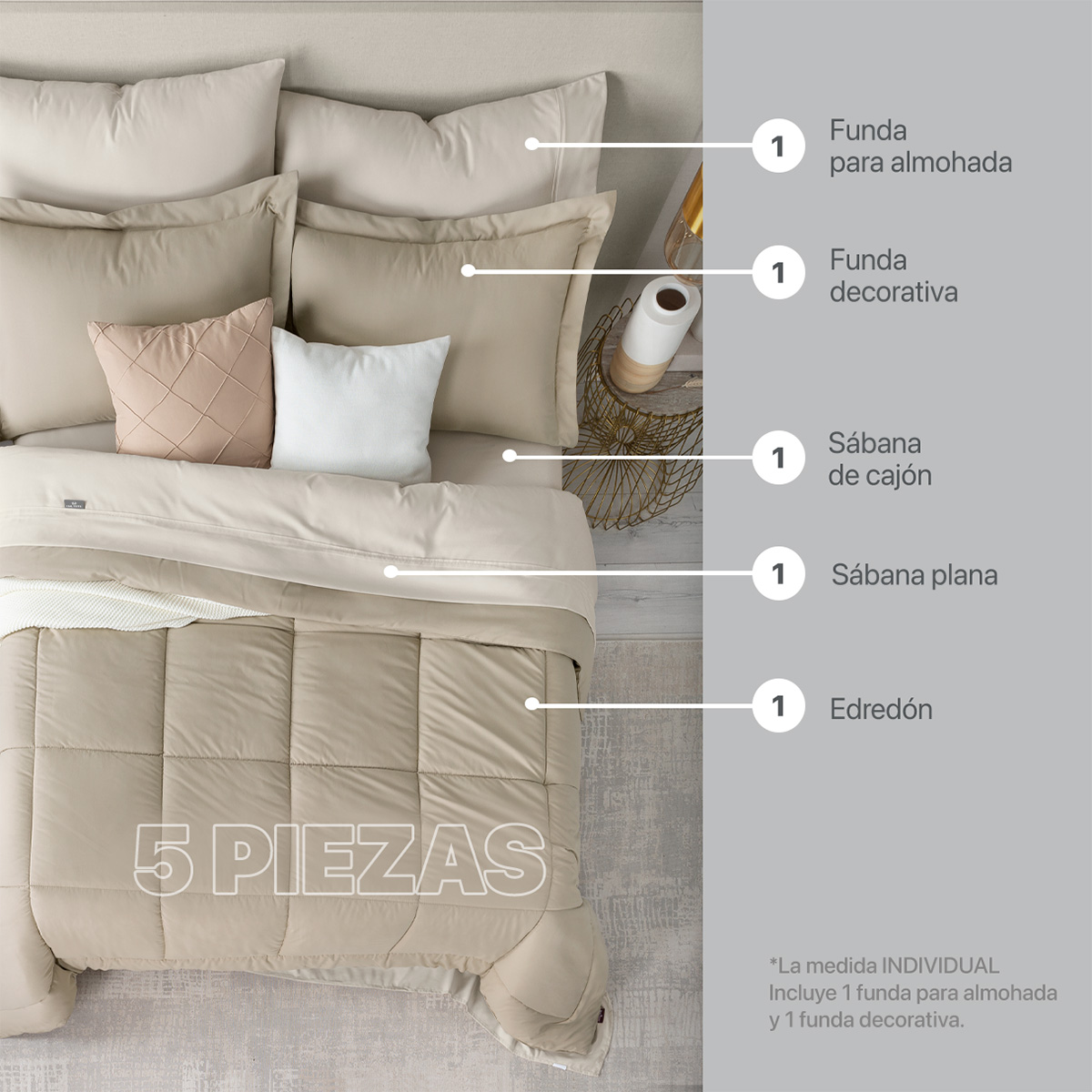 Foto 4 pulgar | Set de Edredón Real Textil Beige Individual 5 Piezas