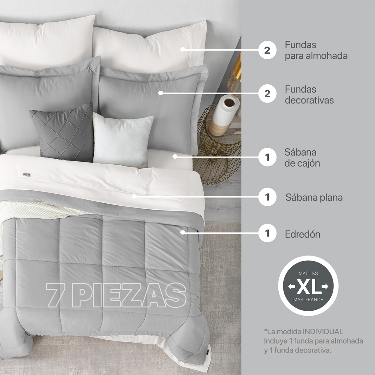 Foto 3 | Set De Edredón Con Fundas Y Sábanas 7 Pzas Real Textil Gris - Blanco King Size