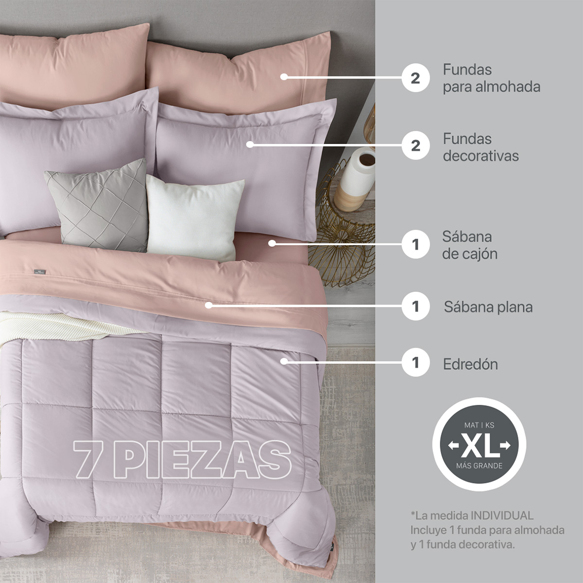 Foto 3 | Set De Edredón Con Fundas Y Sábanas 7 Pzas Real Textil  Lavanda Claro - Palo De Rosa King Size