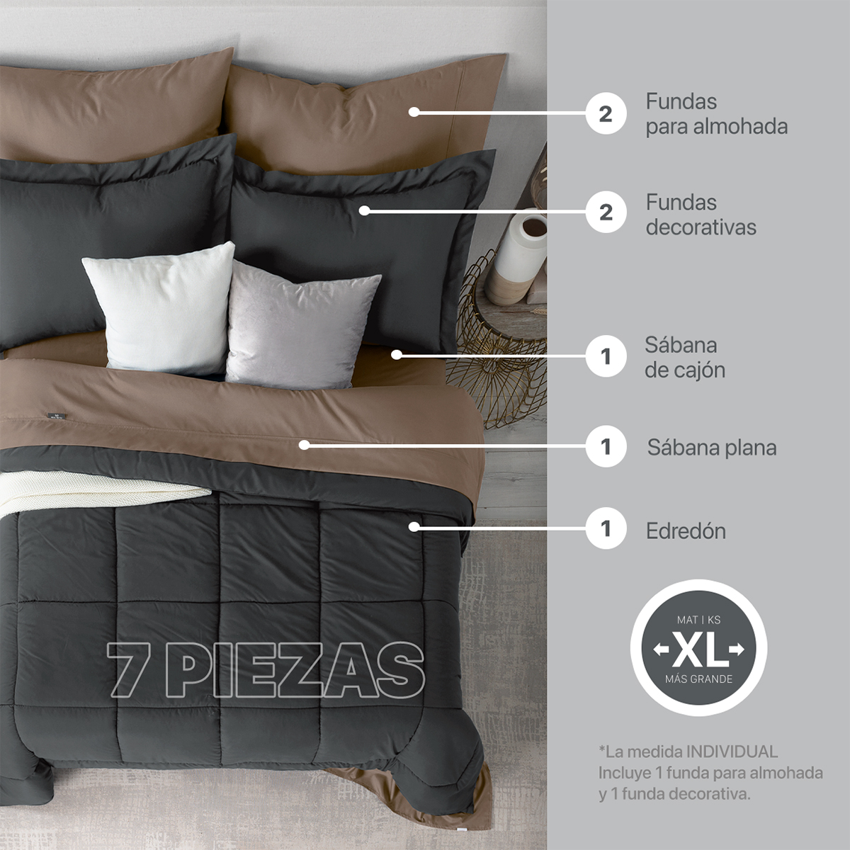 Foto 4 pulgar | Set de Edredón con Fundas y Sábanas 7 Pzas Real Textil Grafito y Café Claro Queen Size