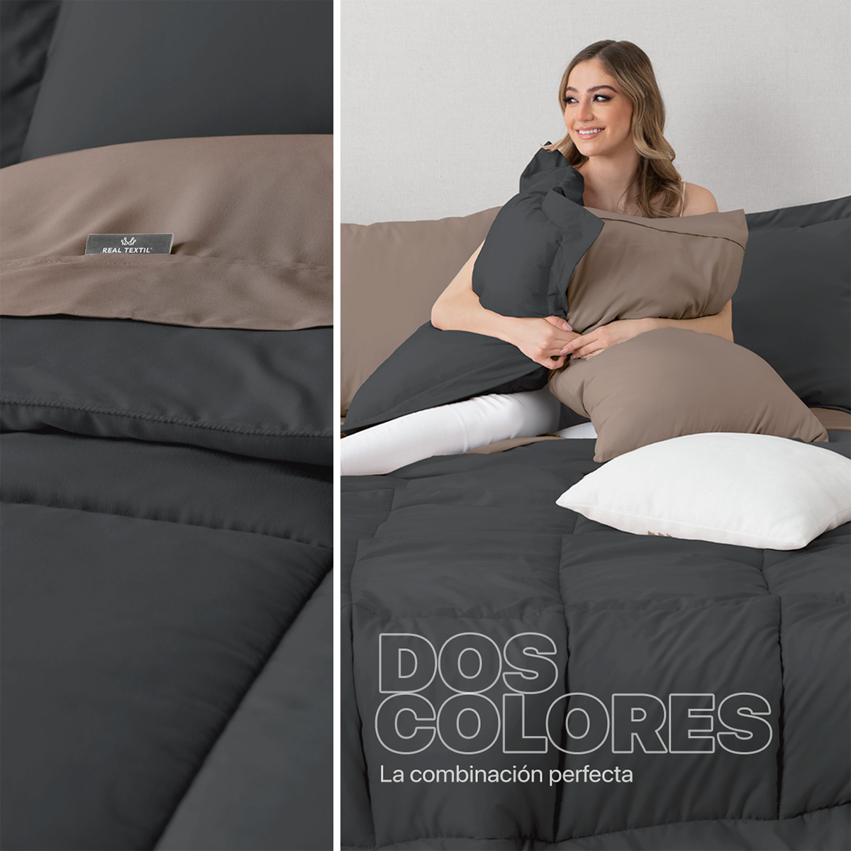 Foto 5 | Set de Edredón con Fundas y Sábanas 7 Pzas Real Textil Grafito y Café Claro Queen Size