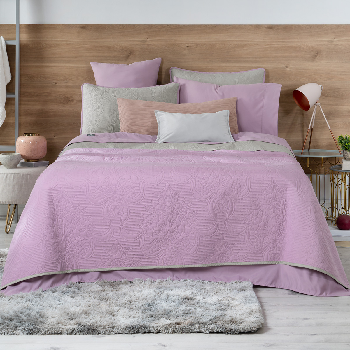 Set De Edredón Ligero Con Fundas De Almohada Y Set De Sábanas, Real Textil Matrimonial Violeta- Gris Doble Vista