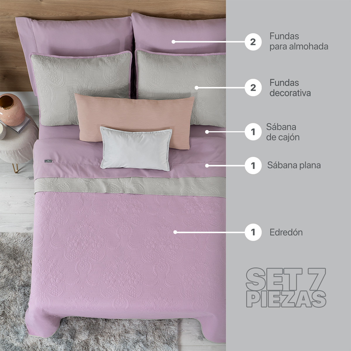 Foto 2 | Set De Edredón Ligero Con Fundas De Almohada Y Set De Sábanas, Real Textil Matrimonial Violeta- Gris Doble Vista