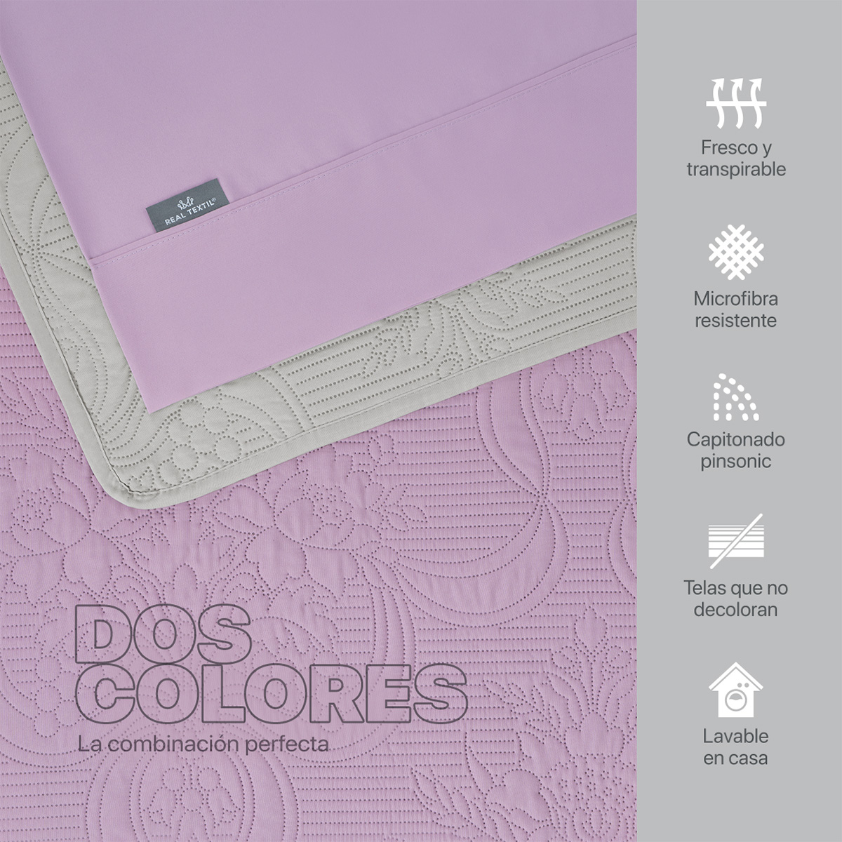 Foto 3 | Set De Edredón Ligero Con Fundas De Almohada Y Set De Sábanas, Real Textil Matrimonial Violeta- Gris Doble Vista