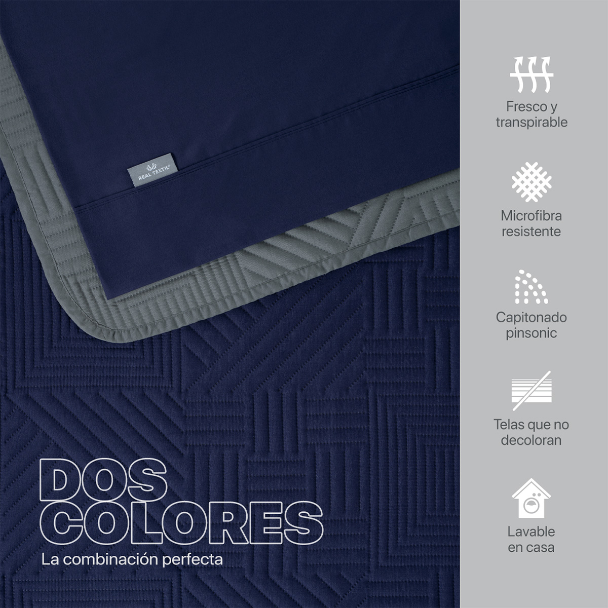 Foto 3 | Set De Edredón Ligero Con Fundas De Almohada Y Set De Sábanas, Real Textil Matrimonial Azul Marino - Gris Doble Vista