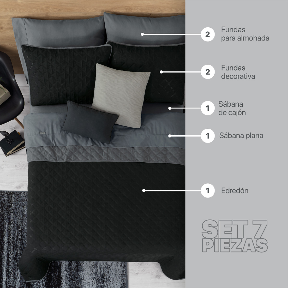 Foto 2 | Set De Edredón Ligero Con Fundas De Almohada Y Set De Sábanas, Real Textil Queen Size Negro - Gris Doble Vista