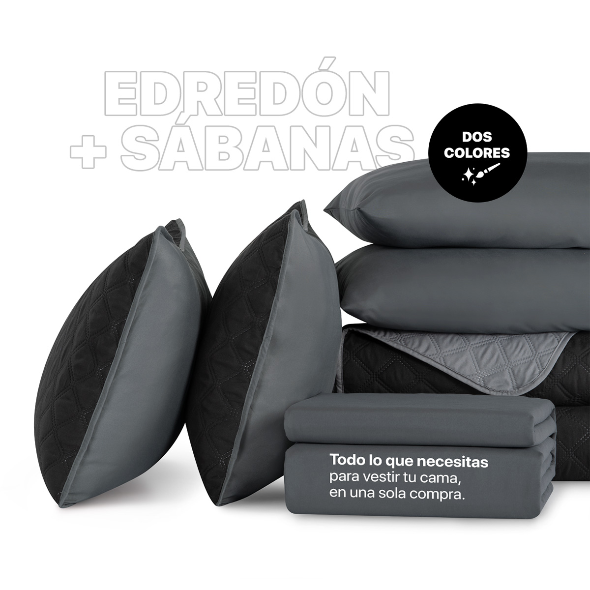 Foto 7 pulgar | Set De Edredón Ligero Con Fundas De Almohada Y Set De Sábanas, Real Textil Queen Size Negro - Gris Doble Vista