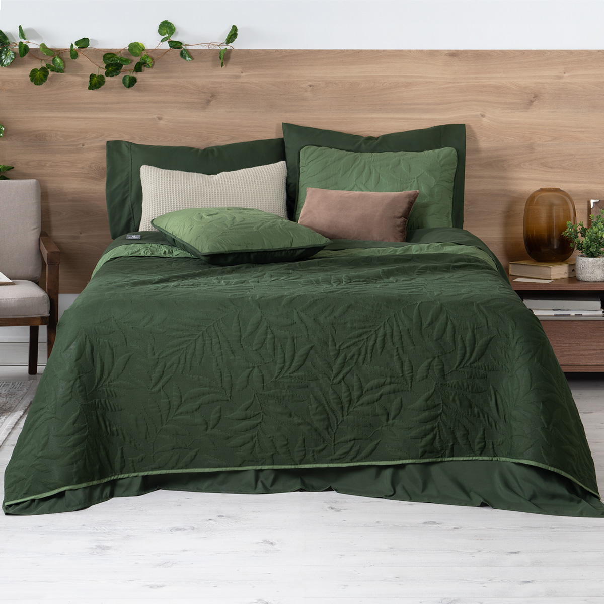 Set De Edredón Ligero Con Fundas De Almohada Y Set De Sábanas, Real Textil Matrimonial Verde Oscuro- Oliva Doble Vista