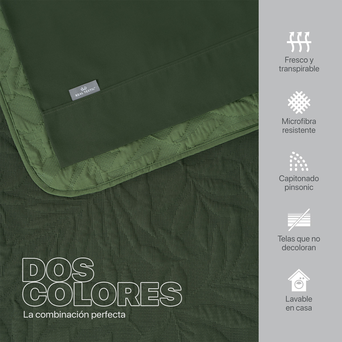 Foto 3 | Set De Edredón Ligero Con Fundas De Almohada Y Set De Sábanas, Real Textil Matrimonial Verde Oscuro- Oliva Doble Vista