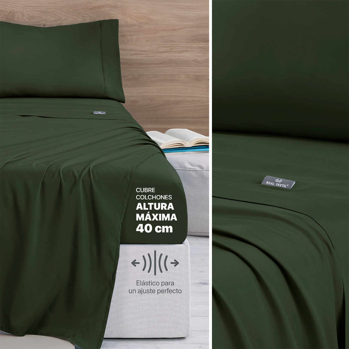 Foto 5 | Set De Edredón Ligero Con Fundas De Almohada Y Set De Sábanas, Real Textil Matrimonial Verde Oscuro- Oliva Doble Vista