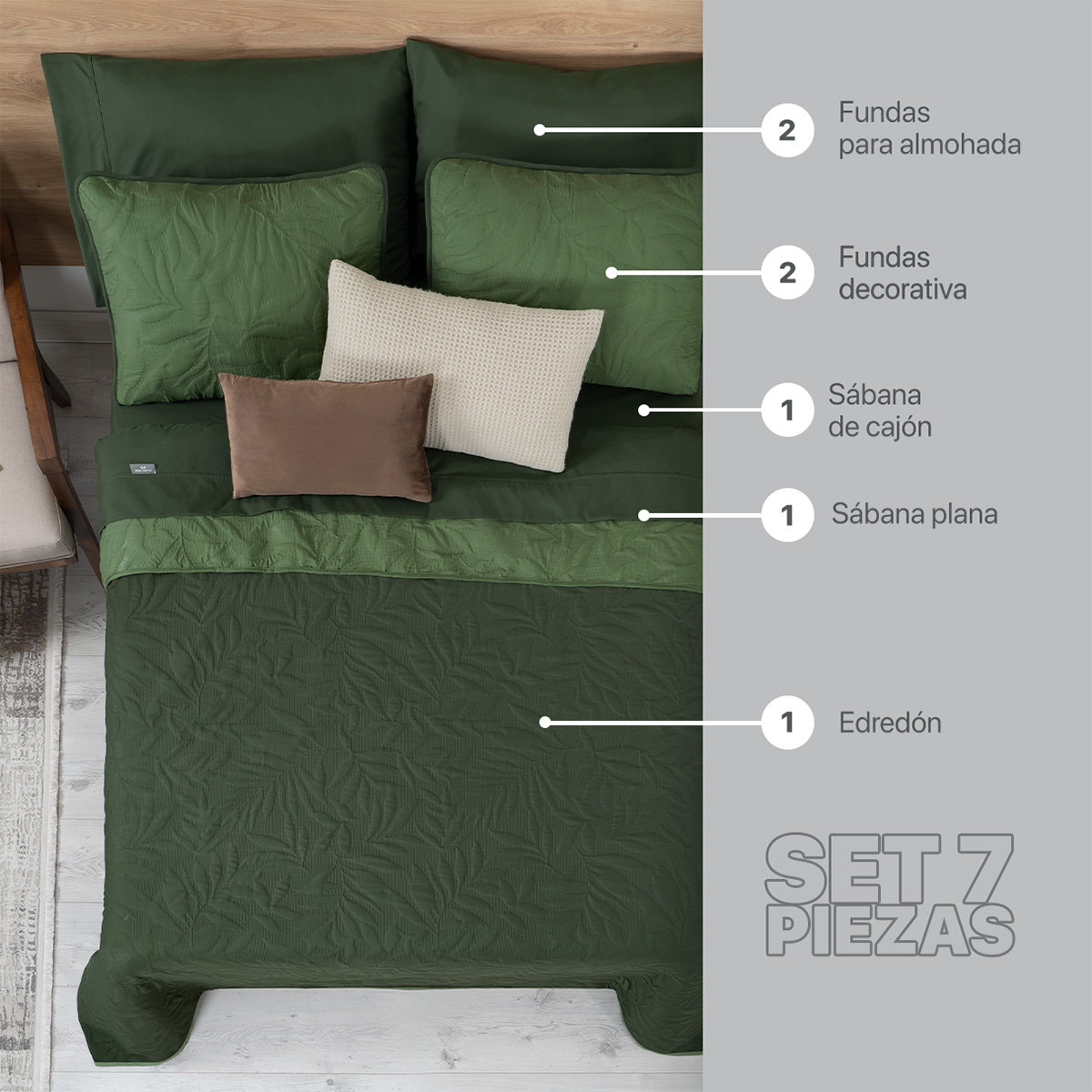 Foto 2 | Set De Edredón Ligero Con Fundas De Almohada Y Set De Sábanas, Real Textil Queen Size Verde Oscuro- Oliva Doble Vista