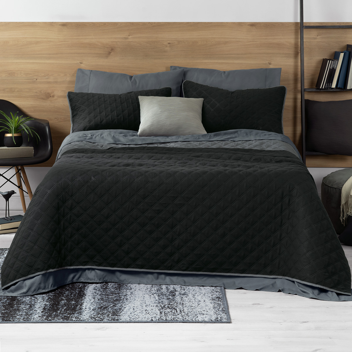 Set De Edredón Ligero Con Fundas De Almohada Y Set De Sábanas, Real Textil King Size Negro - Gris Doble Vista