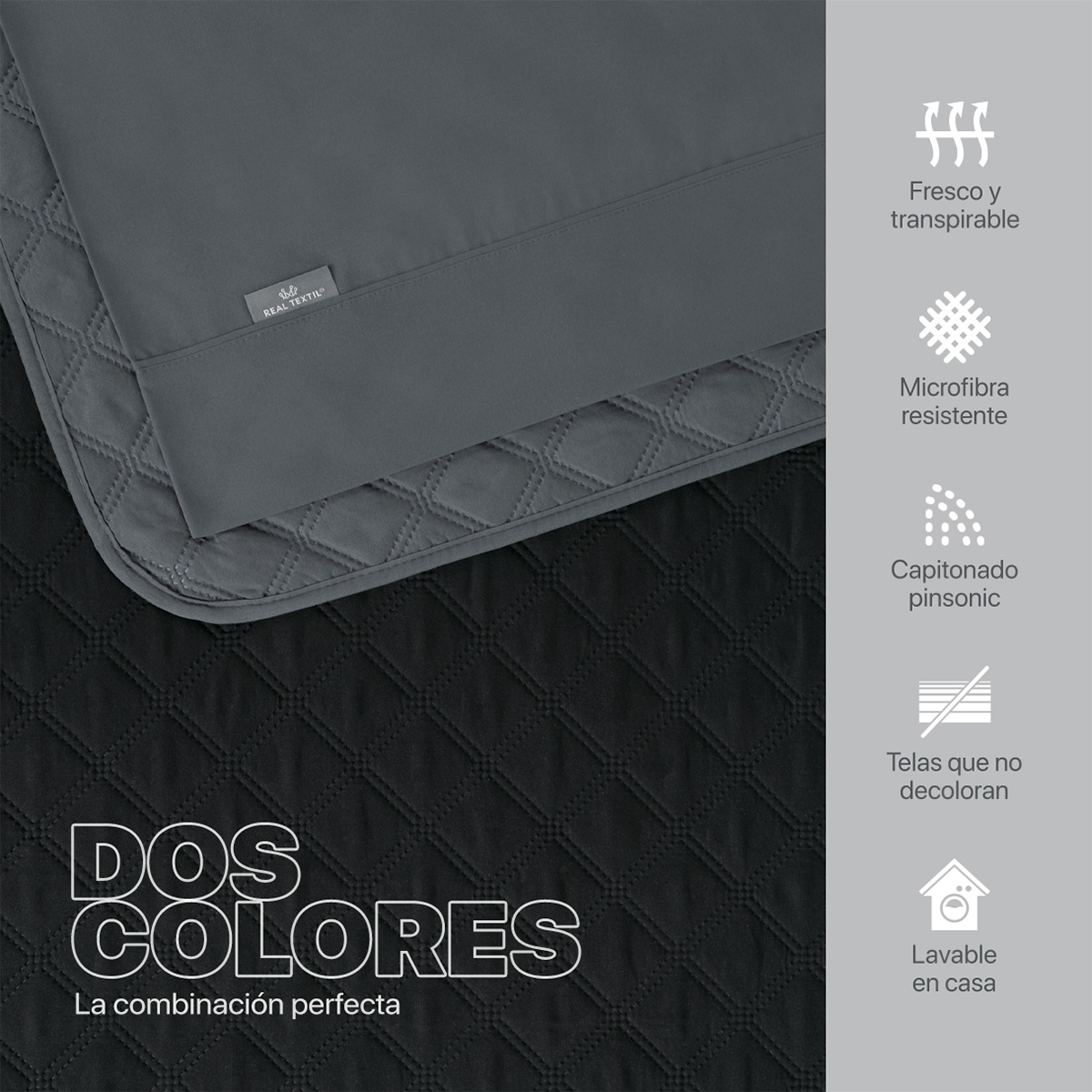 Foto 4 pulgar | Set De Edredón Ligero Con Fundas De Almohada Y Set De Sábanas, Real Textil King Size Negro - Gris Doble Vista