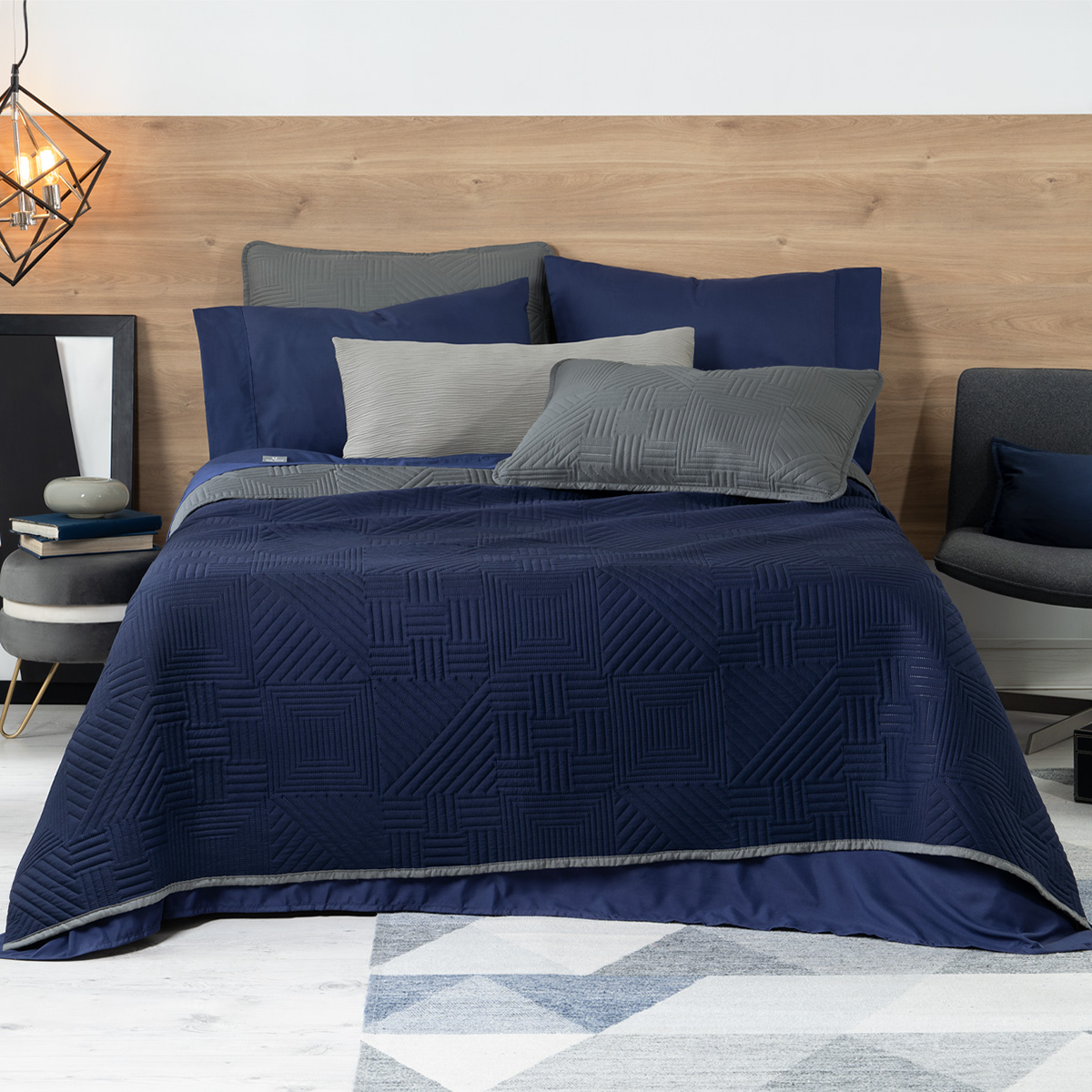 Foto 1 | Set De Edredón Ligero Con Fundas De Almohada Y Set De Sábanas, Real Textil King Size Azul Marino - Gris Doble Vista