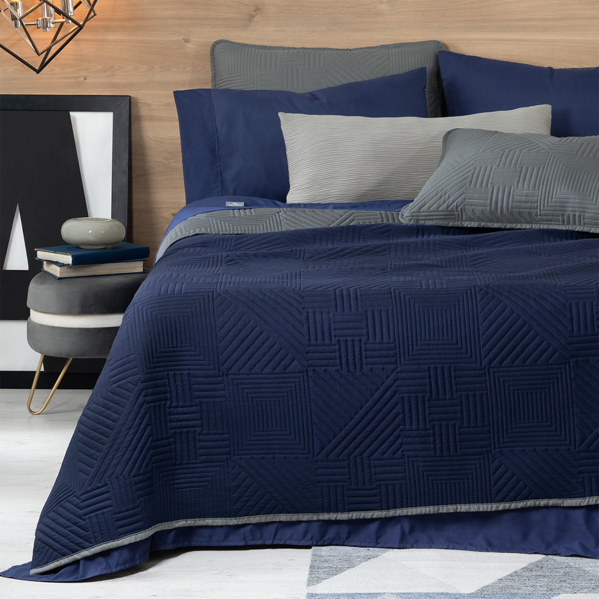 Foto 8 pulgar | Set De Edredón Ligero Con Fundas De Almohada Y Set De Sábanas, Real Textil King Size Azul Marino - Gris Doble Vista