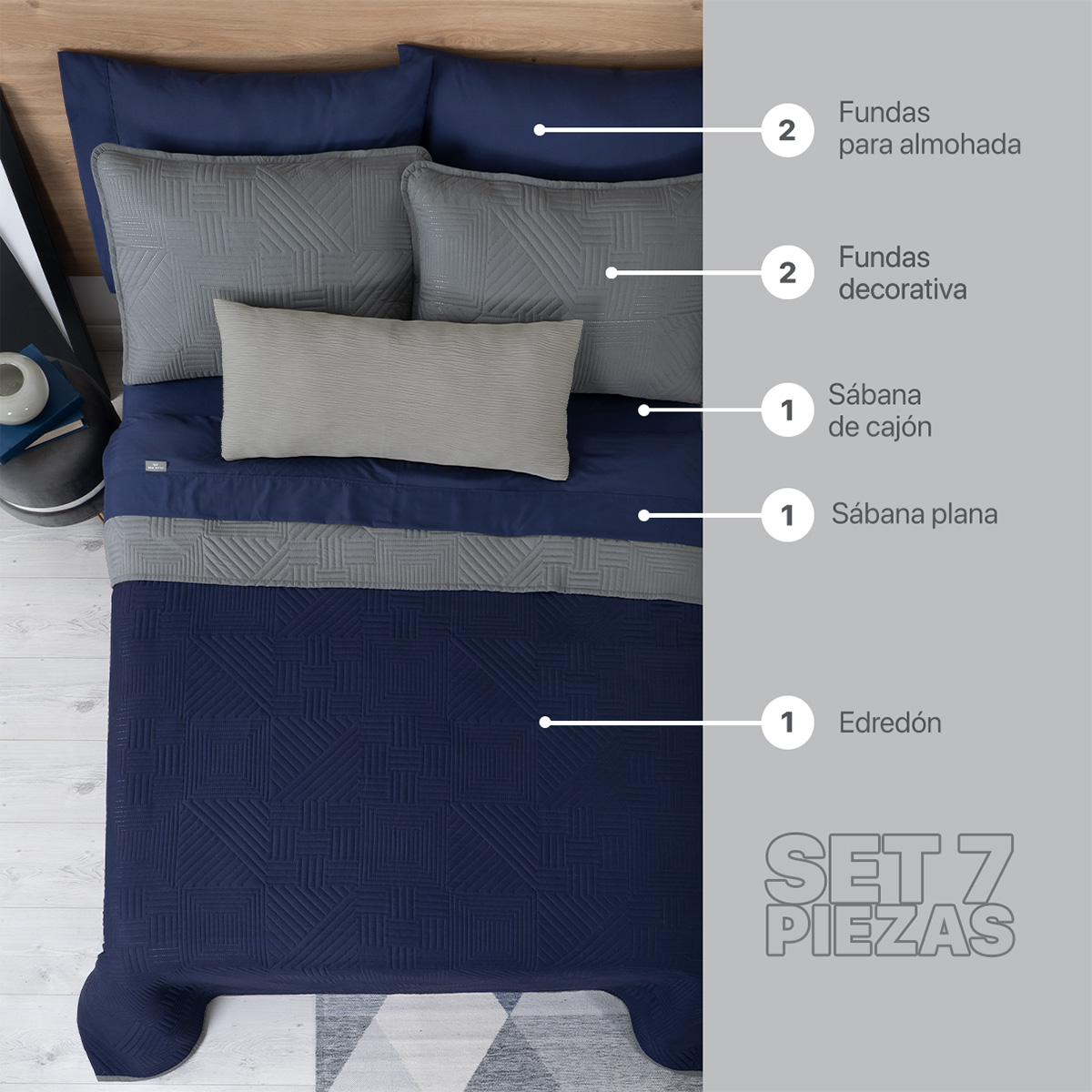 Foto 2 | Set De Edredón Ligero Con Fundas De Almohada Y Set De Sábanas, Real Textil Queen Size Azul Marino - Gris Doble Vista