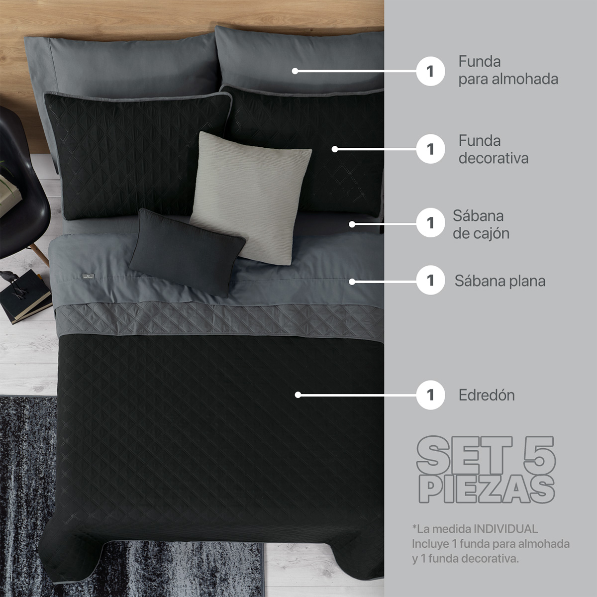 Foto 2 | Set De Edredón Ligero Con Funda De Almohada Y Set De Sábanas, Real Textil Individual Negro - Gris Doble Vista