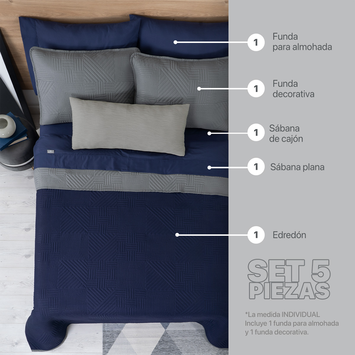 Foto 2 | Set De Edredón Ligero Con Funda De Almohada Y Set De Sábanas, Real Textil Individual Azul Marino - Gris Doble Vista