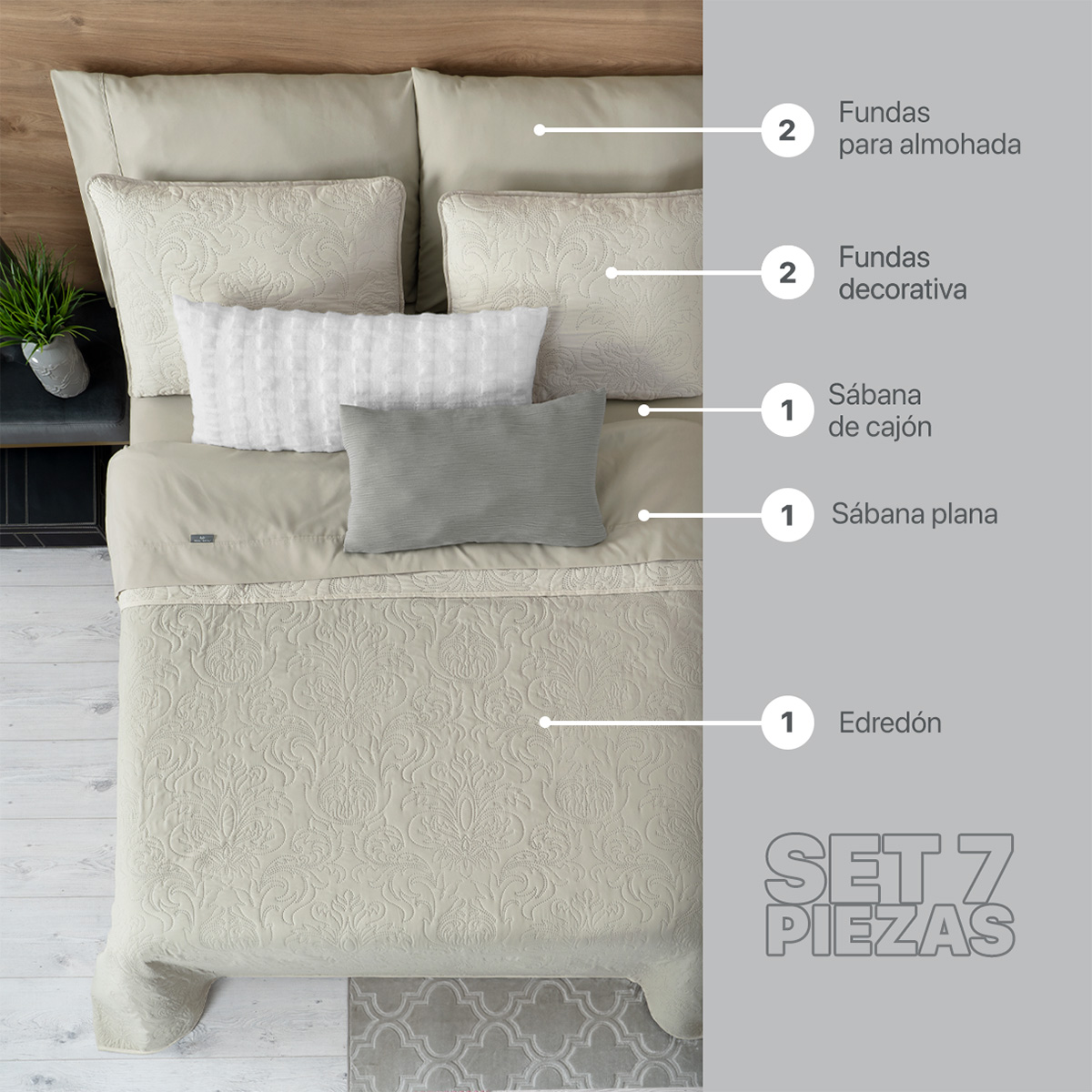 Foto 2 | Set De Edredón Ligero Con Fundas De Almohada Y Set De Sábanas, Real Textil Queen Size Khaki-beige Doble Vista