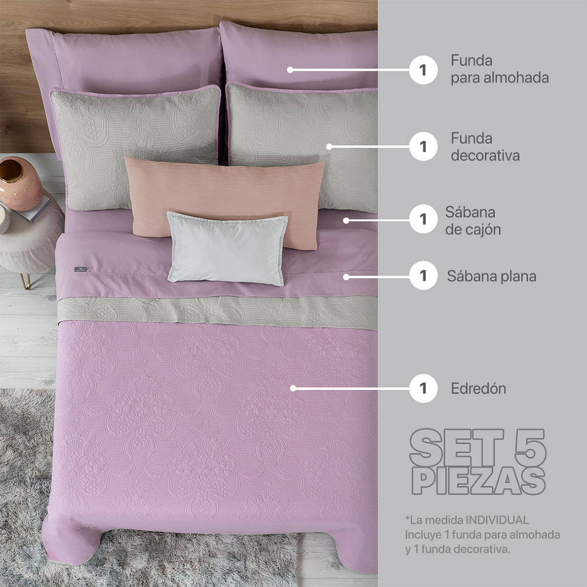 Foto 2 | Set De Edredón Ligero Con Funda De Almohada Y Set De Sábanas, Real Textil Individual Violeta- Gris Doble Vista