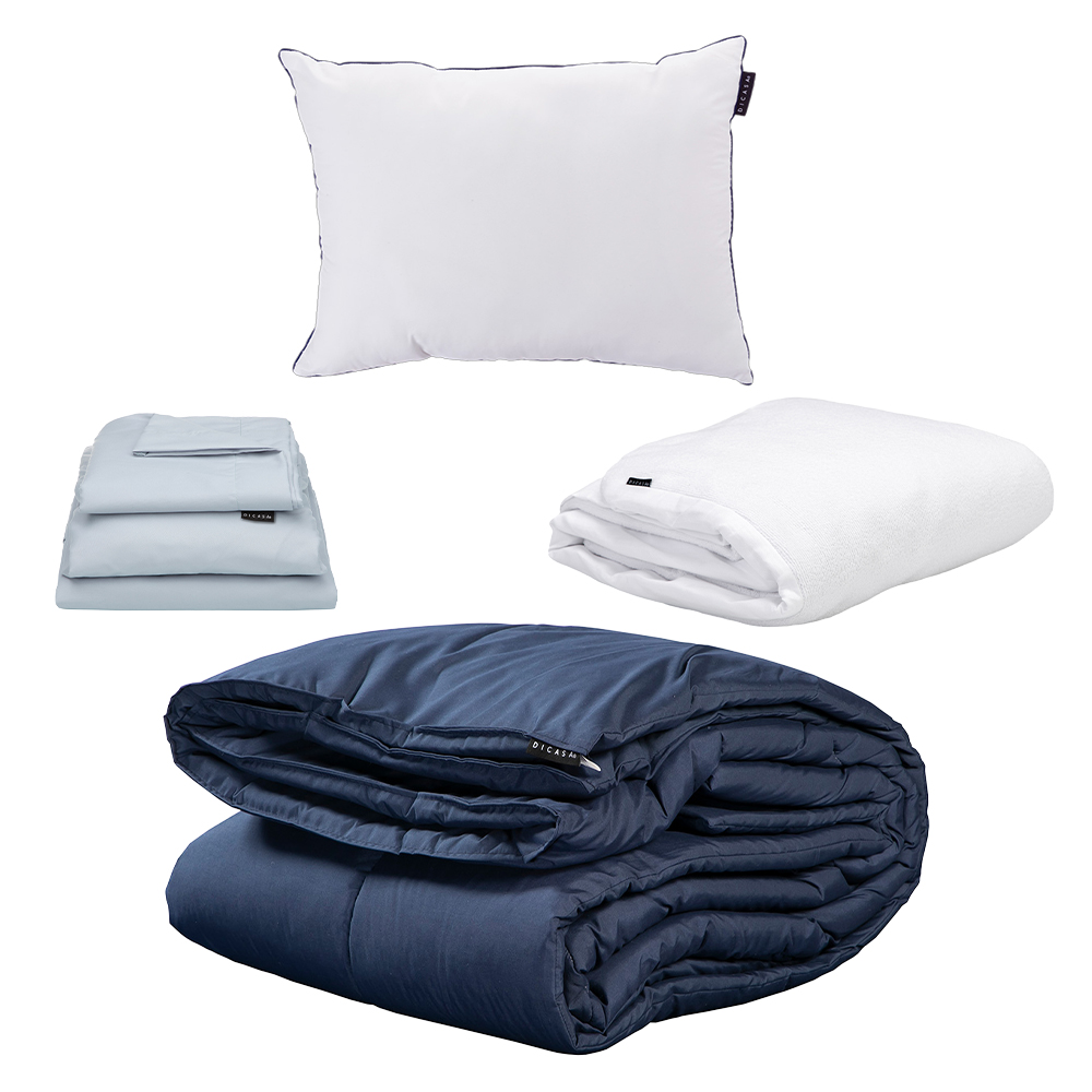 Edredon Homy Azul + Protector Cloud + Sabanas Softy Platino + Almohada One Individual