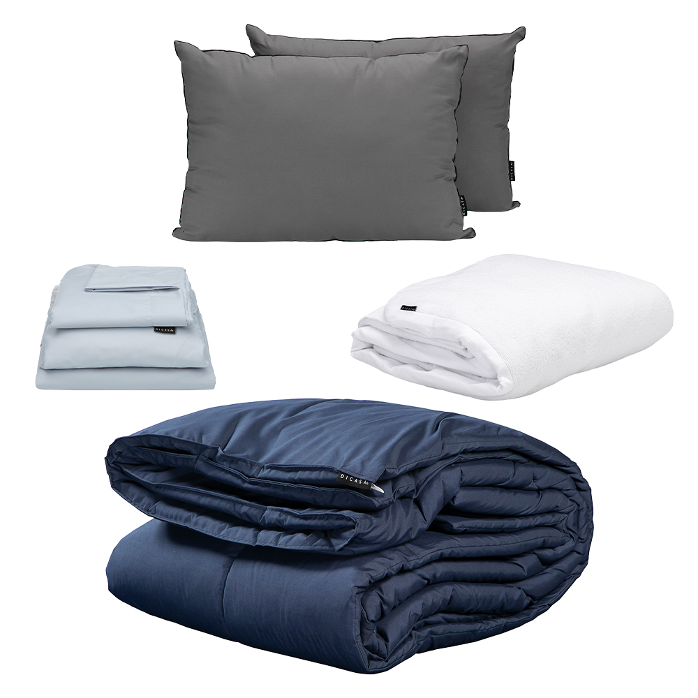 Edredon Homy Azul + Protector Cloud + Sabanas Softy Platino+ Almohada 2-pack Matrimonial