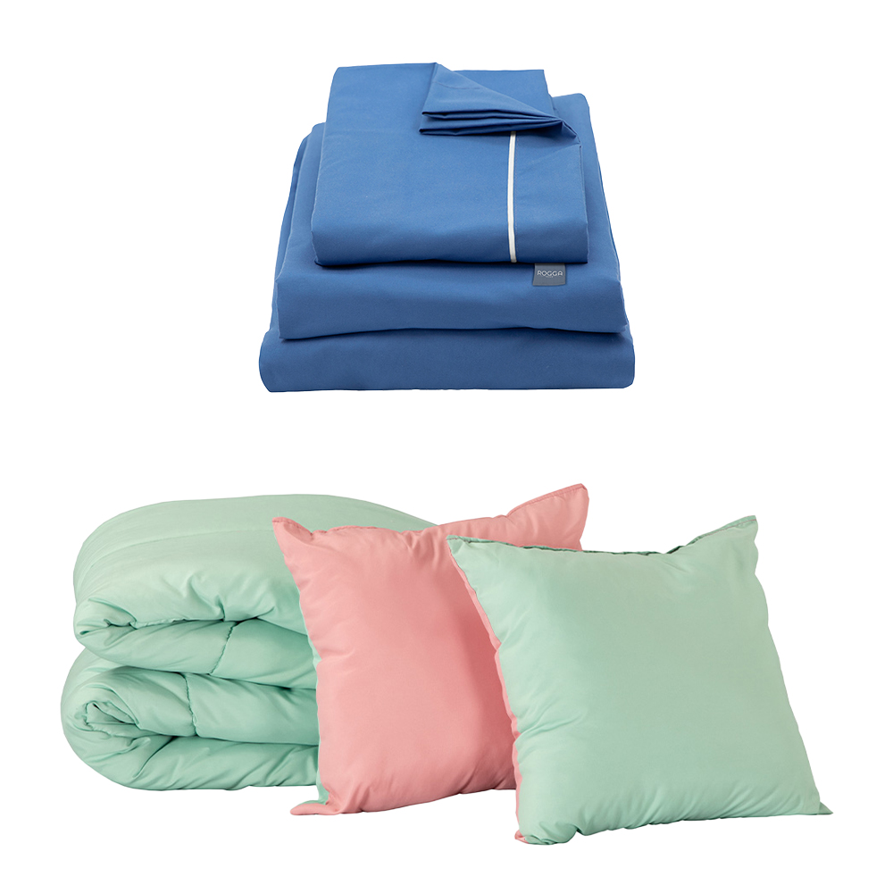 Set de Edredón Doble Vista Rosa Menta + Sábanas Royal Azul Medio King Size