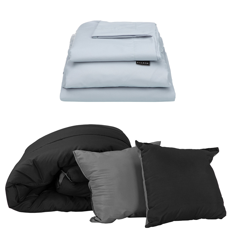 Set de Edredón Doble Vista Negro-Gris + Sábanas Softy Platino Matrimonial