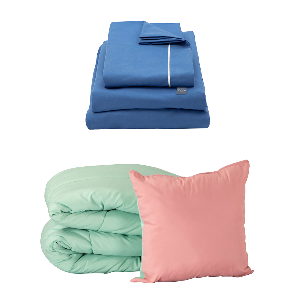 Set de Edredón Doble Vista Rosa Menta + Sábanas Royal Azul Medio Individual