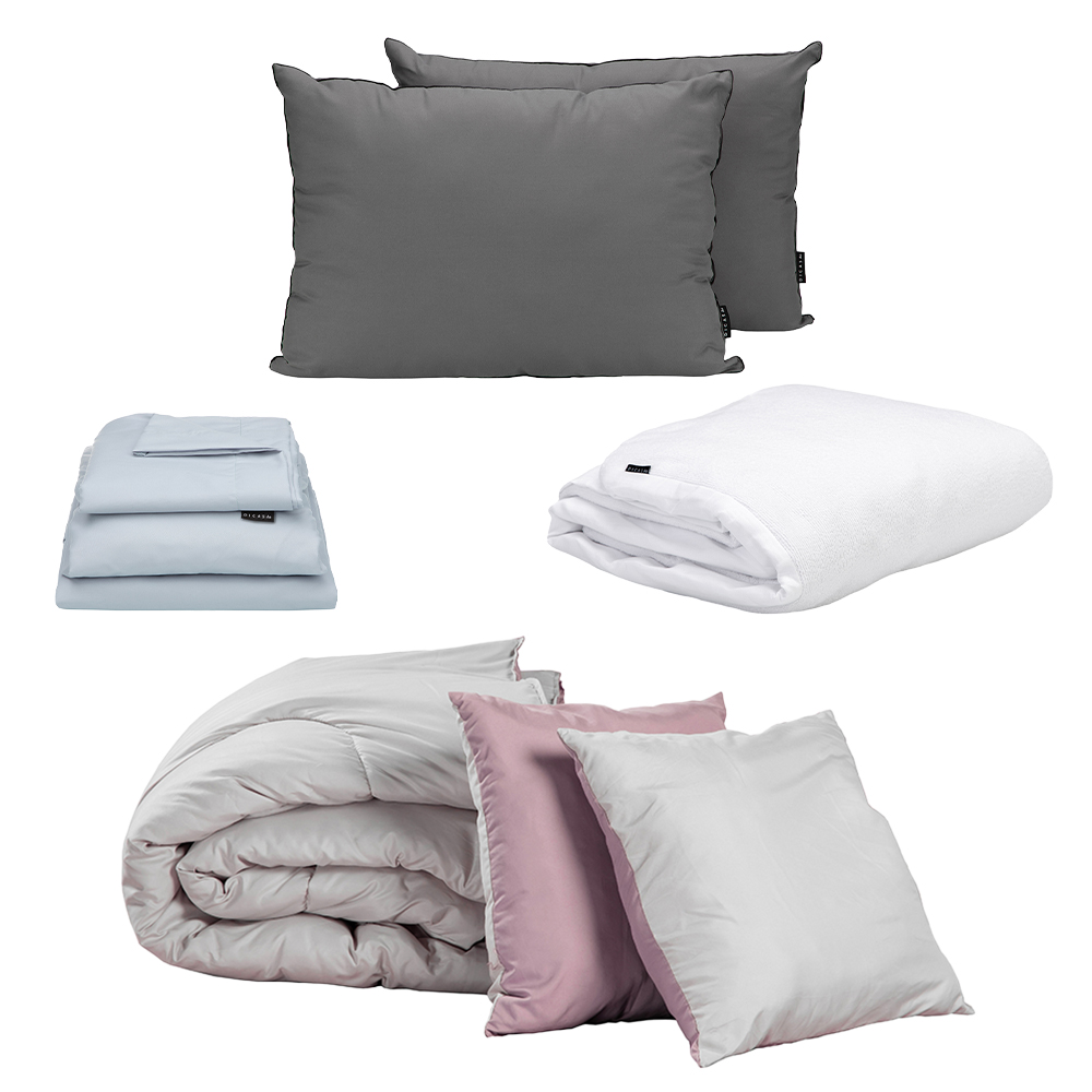 Set de Edredón Doble Vista Lila-Gris + Protector Cloud + Sábanas Softy Platino + Almohada 2-pack King Size