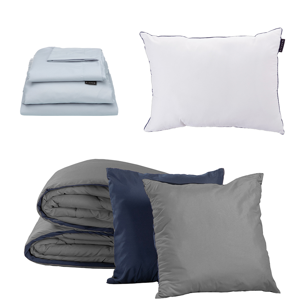 Set de Edredón Doble Vista Azul-Gris + Sábanas Softy Platino + Almohada One Individual
