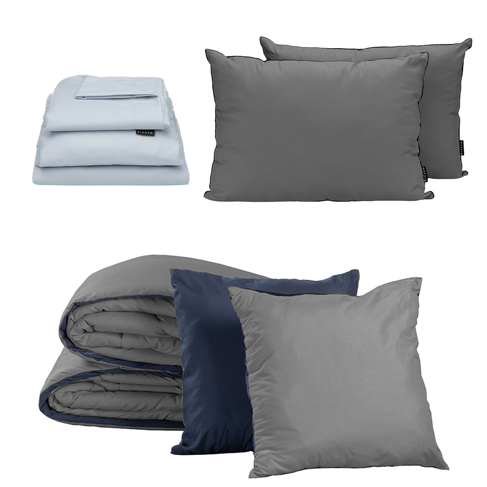 Set de Edredón Doble Vista Azul-Gris + Sábanas Softy Platino + Almohada 2-packking Size