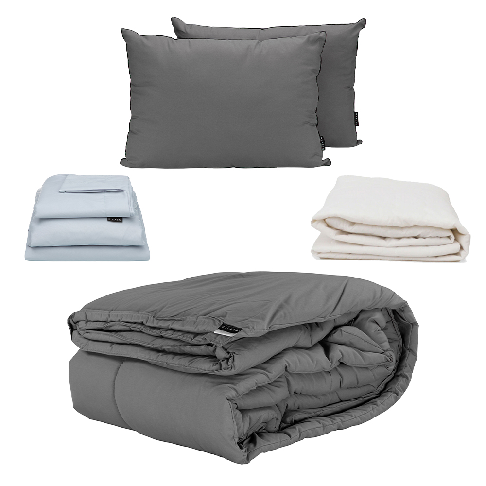 Edredon Gris + Sabanas Softy Platino + Protector Ultra + Almohada 2-pack King Size