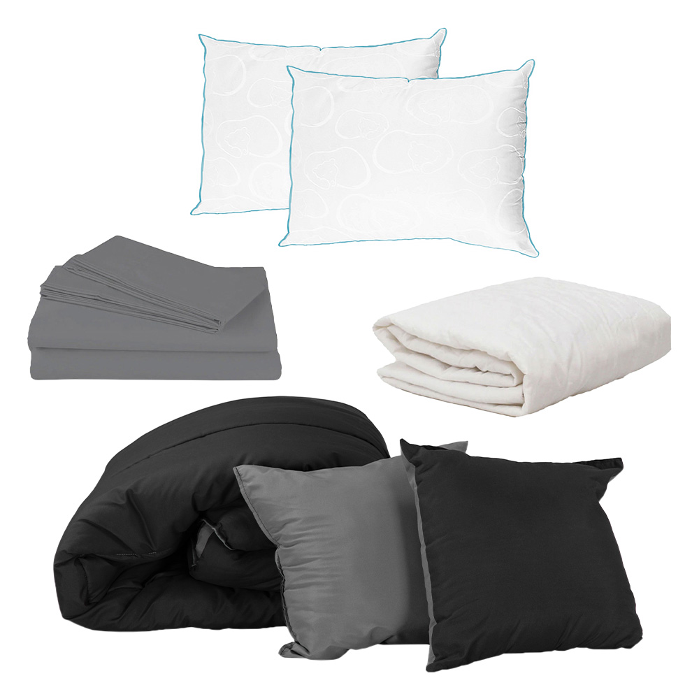 Set De Edredon Doble Vista Negro-gris + Sabanas Basic Gris + Protector Ultra + Almohada Osos 2 King Size