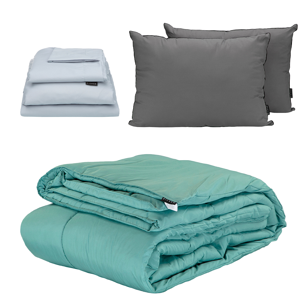 Edredon Verde + Sabanas Softy Platino + Almohada 2-pack Matrimonial