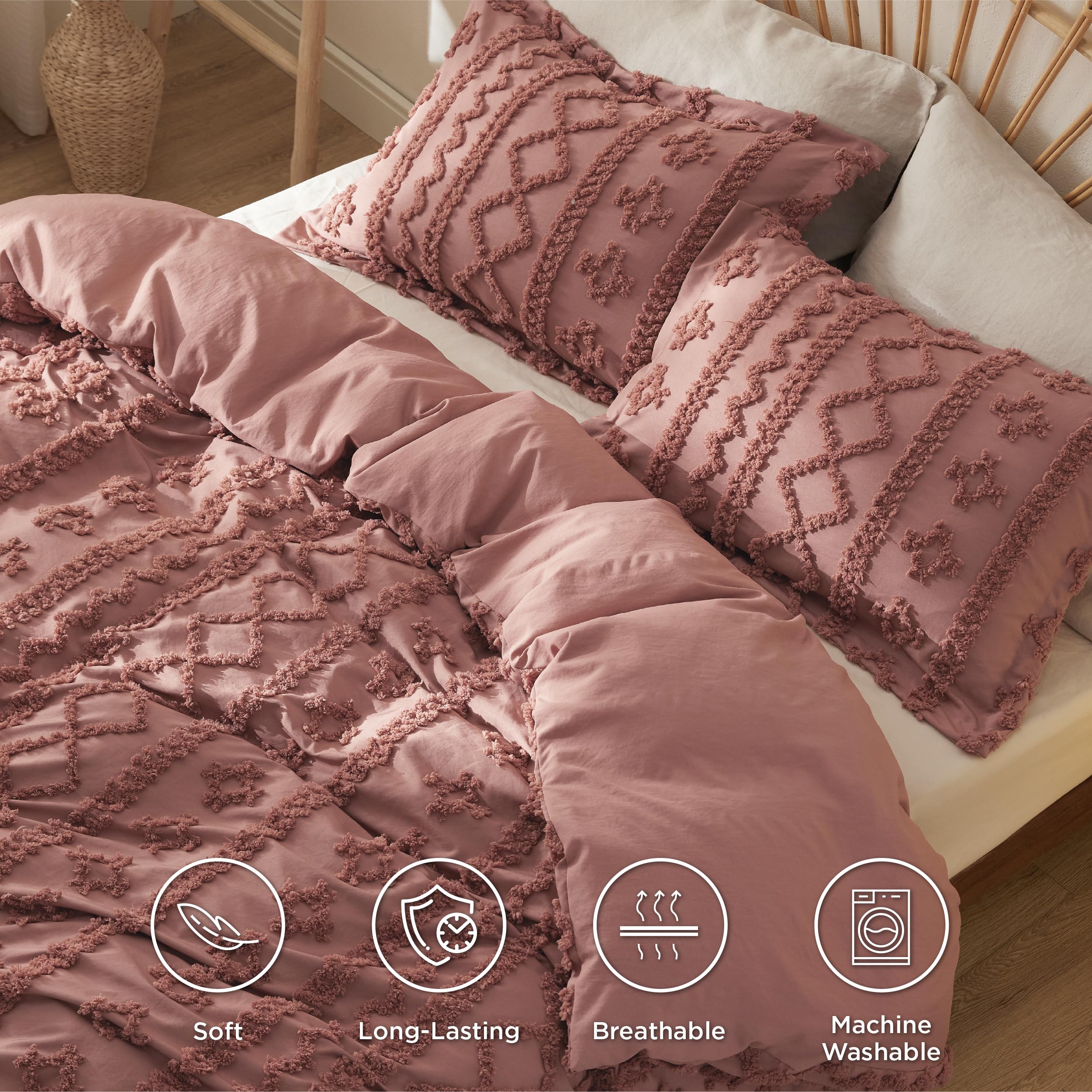 Foto 4 pulgar | Juego de Funda de Edredón Bedsure Boho Queen Size Rosa Oscuro - Venta Internacional
