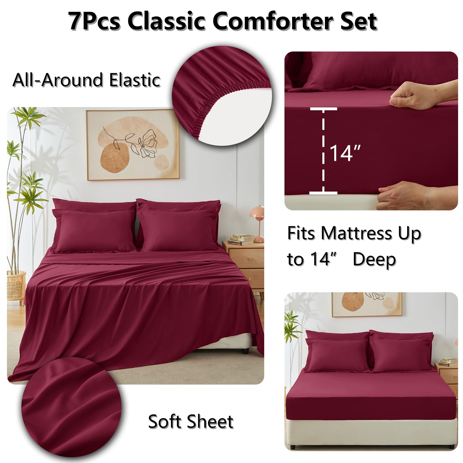 Foto 5 | Edredón Queen Size con Fundas de Almohada CozyLux Burdeos 7 Piezas - Venta Internacional