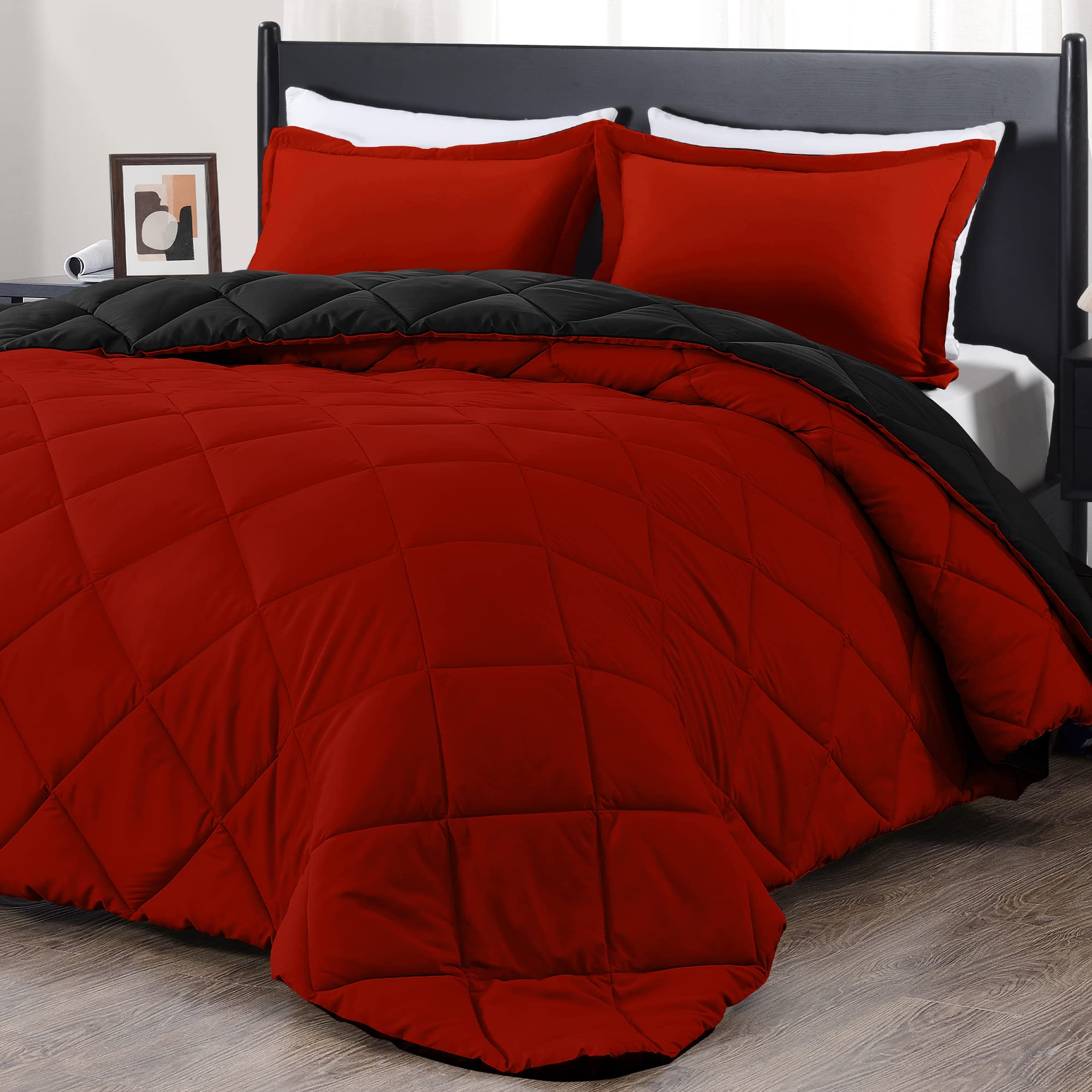 Foto 2 pulgar | Edredón Queen Size con Fundas de Almohada Downluxe Rojo y Negro 3 Piezas - Venta Internacional