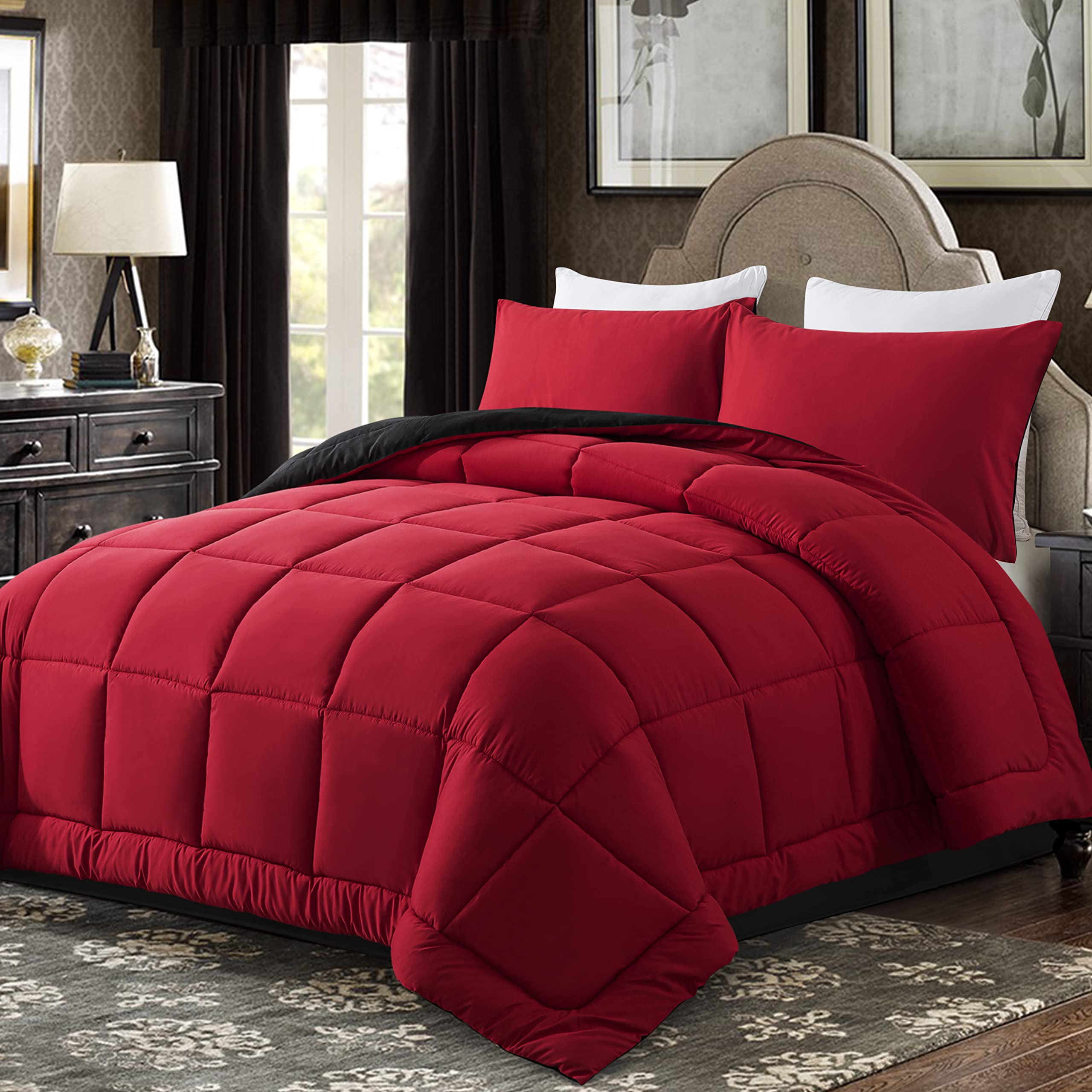 Foto 3 pulgar | Edredón Matrimonial con Fundas de Almohada Downcool Rojo con Negro 3 Piezas - Venta Internacional