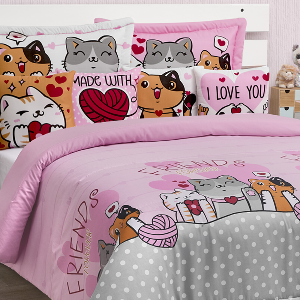 Foto 4 | Edredón Con Fundas Y Cojines Matrimonial Elefantito Hogar Bombón Color Rosa Gatitos Dos Vistas