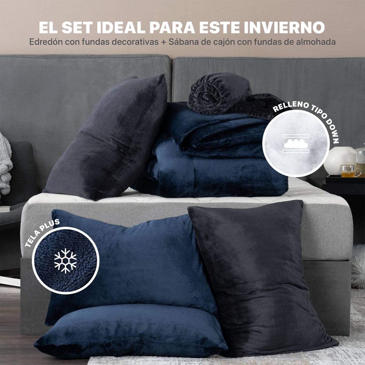Foto 3 pulgar | Set Edredón Invernal Esquimal Queen Size Con Fundas De Almohada Y Sábana De Cajón Azul Marimo - Gris