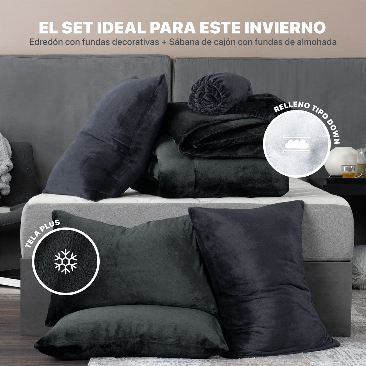 Foto 2 | Set Edredón Invernal Esquimal Queen Size Con Fundas De Almohada Y Sábana De Cajón Negro - Gris Oscuro