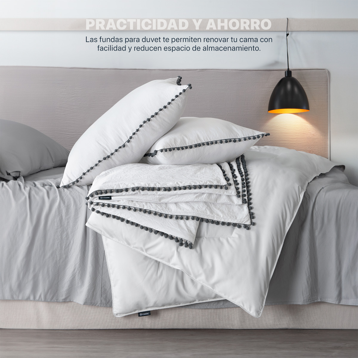 Foto 3 pulgar | Funda de Duvet con Pompones Negros Sin Relleno + Fundas de Almohada Esquimal Matrimonial XL Blanco