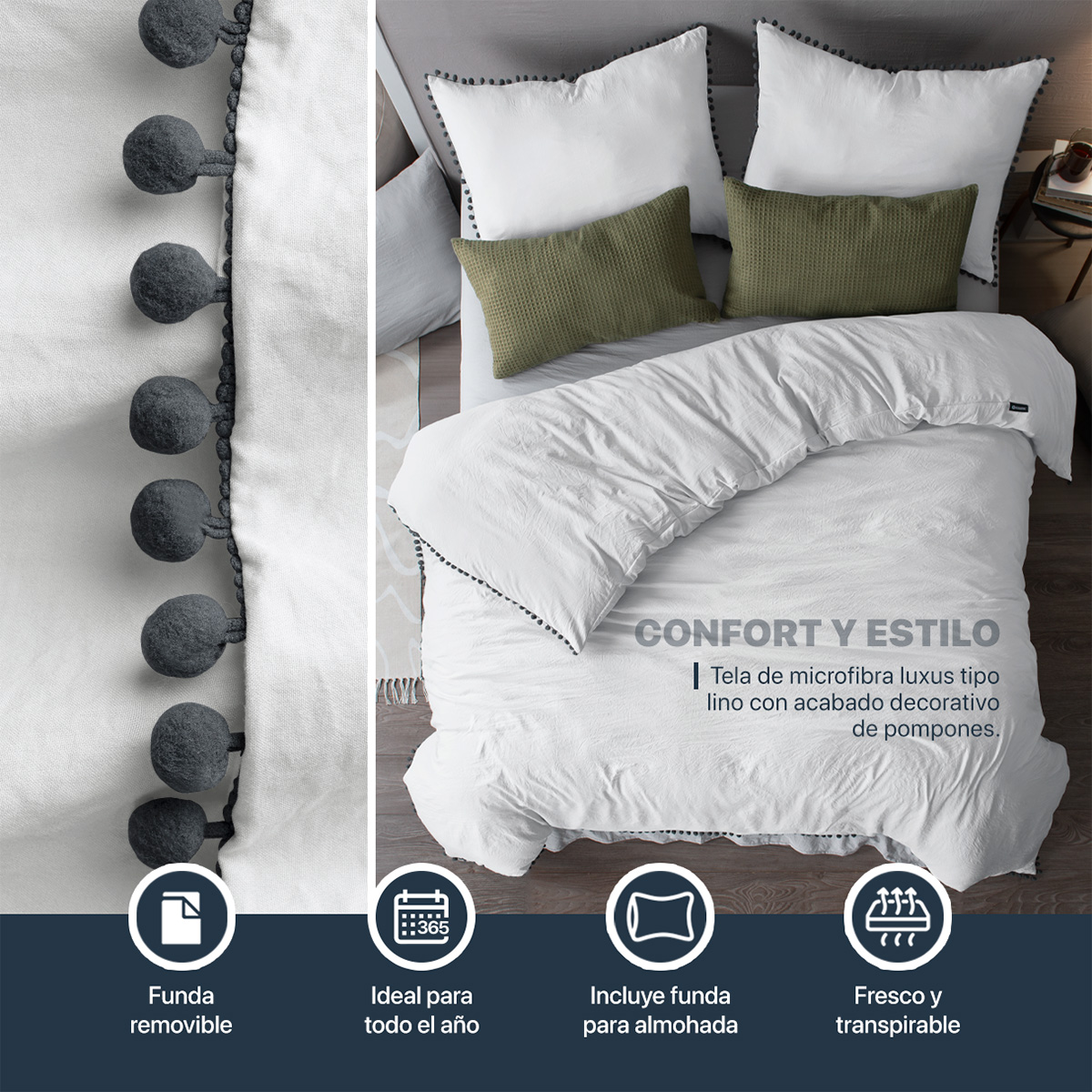 Foto 4 pulgar | Funda de Duvet con Pompones Negros Sin Relleno + Fundas de Almohada Esquimal Matrimonial XL Blanco
